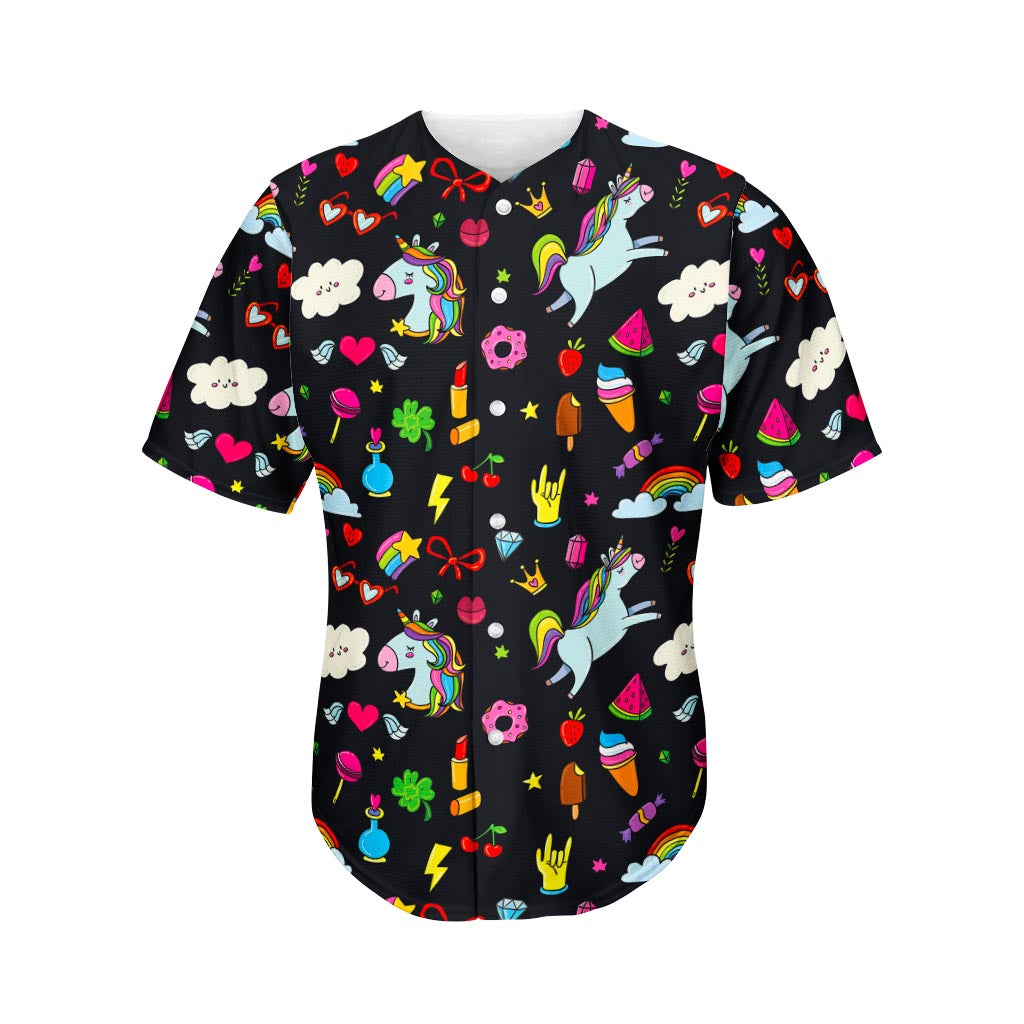 Black Girly Unicorn Pattern Print Men's Baseball Jersey