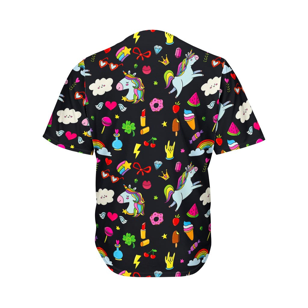 Black Girly Unicorn Pattern Print Men's Baseball Jersey