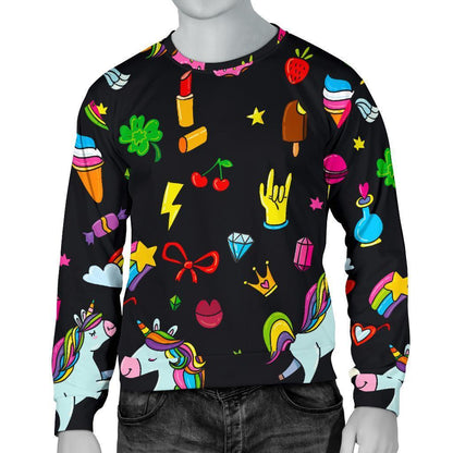 Black Girly Unicorn Pattern Print Men's Crewneck Sweatshirt GearFrost