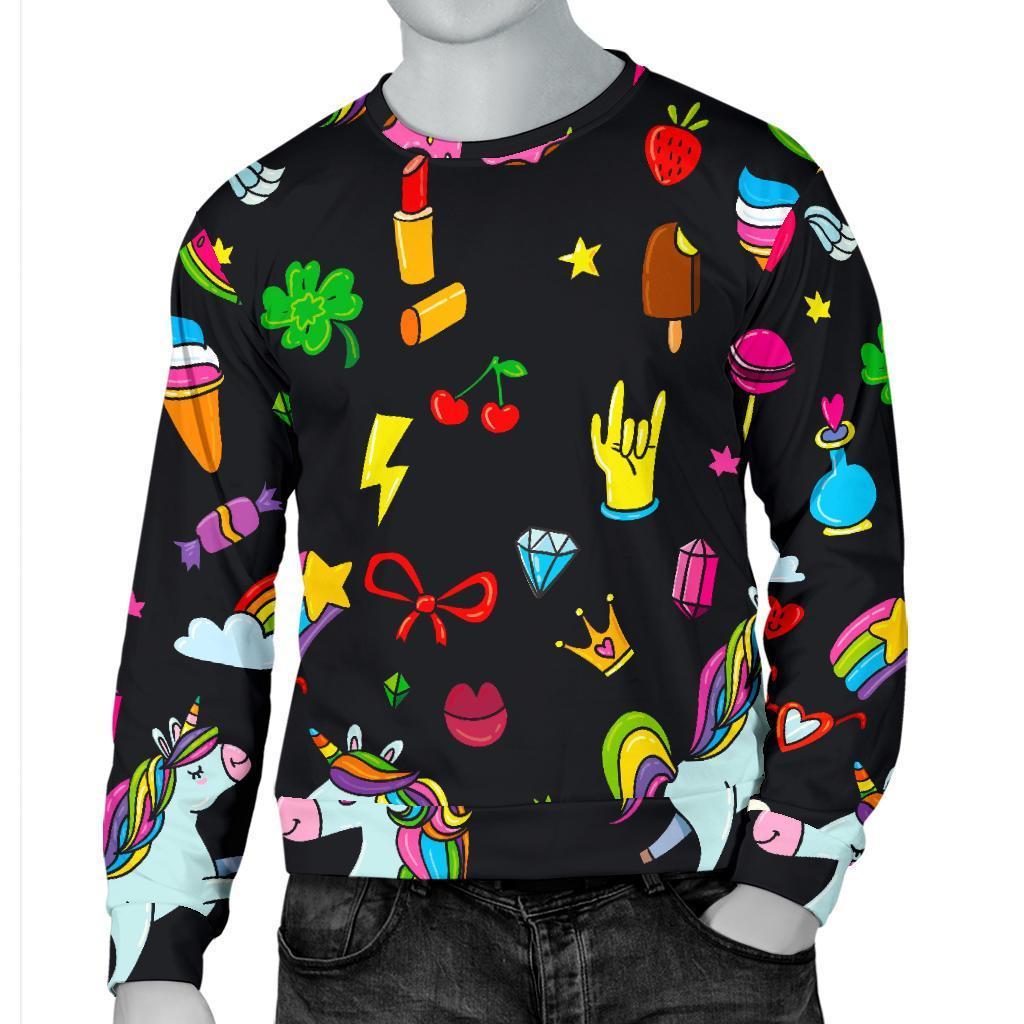 Black Girly Unicorn Pattern Print Men's Crewneck Sweatshirt GearFrost
