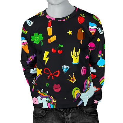 Black Girly Unicorn Pattern Print Men's Crewneck Sweatshirt GearFrost