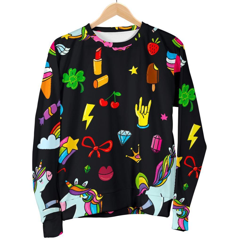 Black Girly Unicorn Pattern Print Men's Crewneck Sweatshirt GearFrost