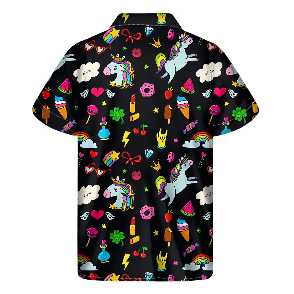 Black Girly Unicorn Pattern Print Men's Short Sleeve Shirt