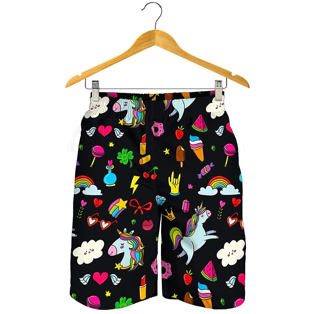 Black Girly Unicorn Pattern Print Men's Shorts