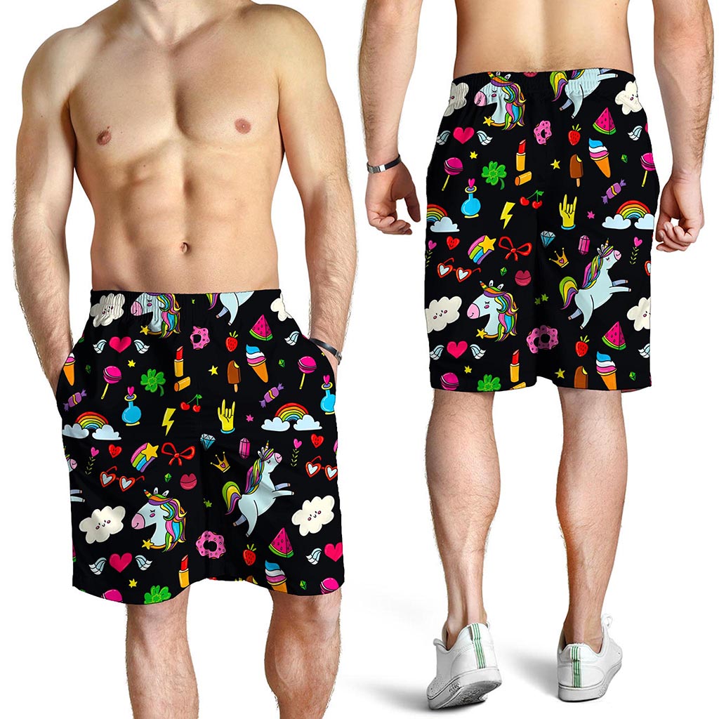 Black Girly Unicorn Pattern Print Men's Shorts