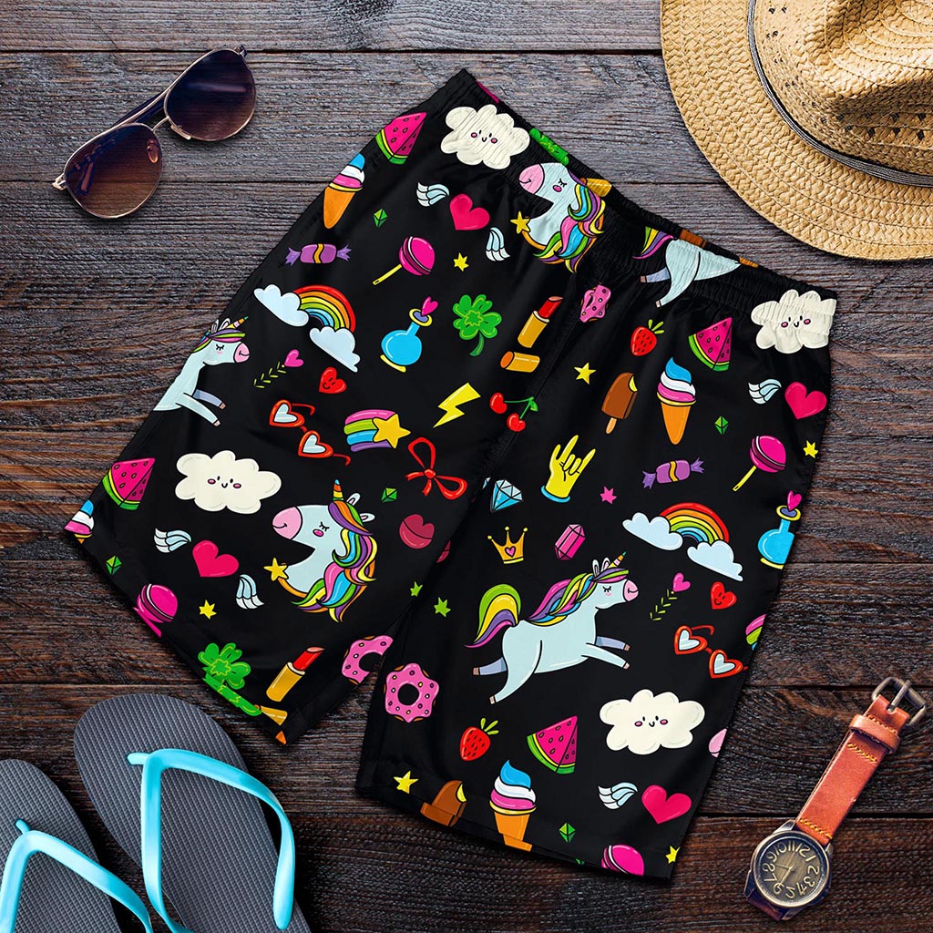 Black Girly Unicorn Pattern Print Men's Shorts