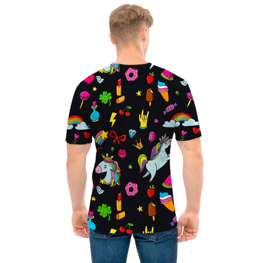 Black Girly Unicorn Pattern Print Men's T-Shirt