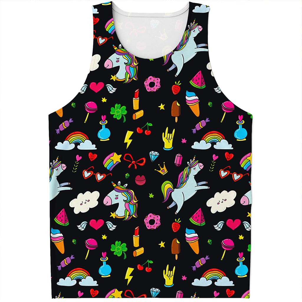 Black Girly Unicorn Pattern Print Men's Tank Top