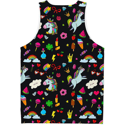 Black Girly Unicorn Pattern Print Men's Tank Top