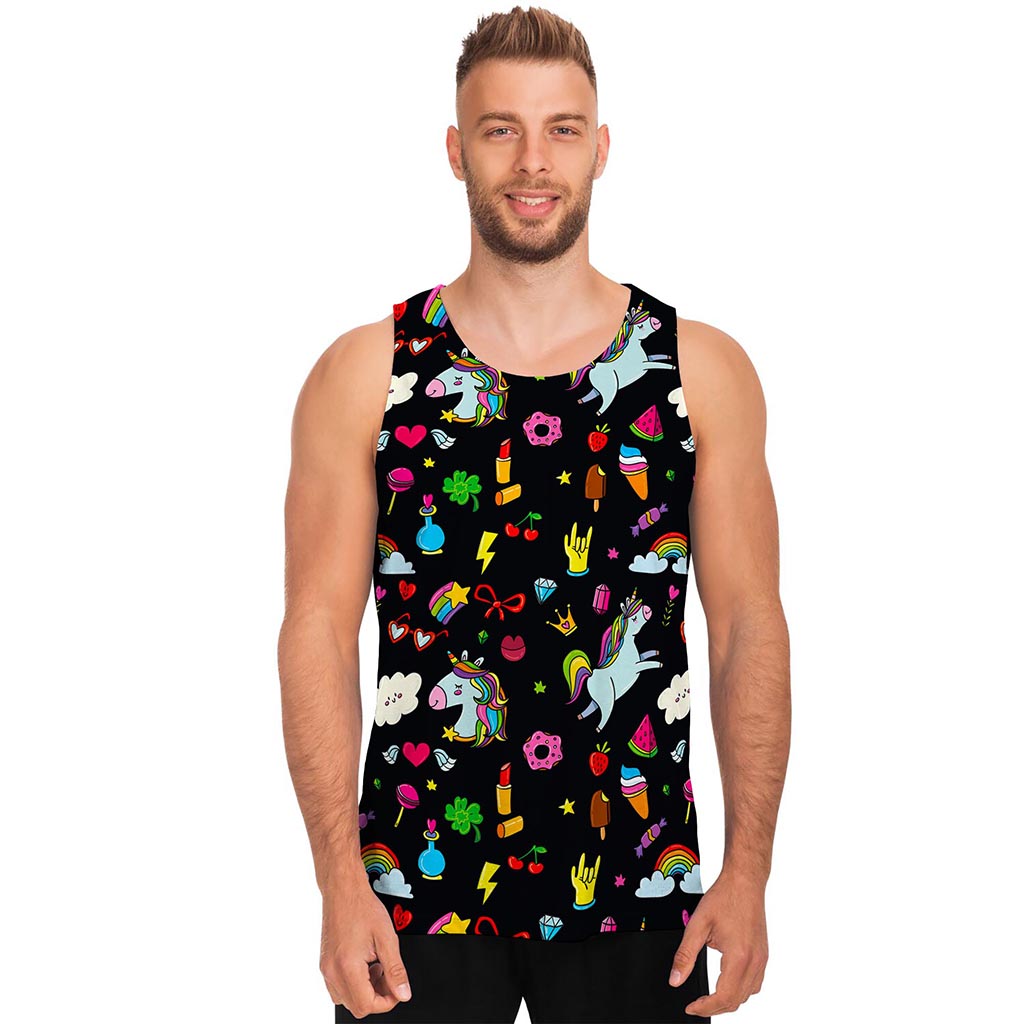 Black Girly Unicorn Pattern Print Men's Tank Top