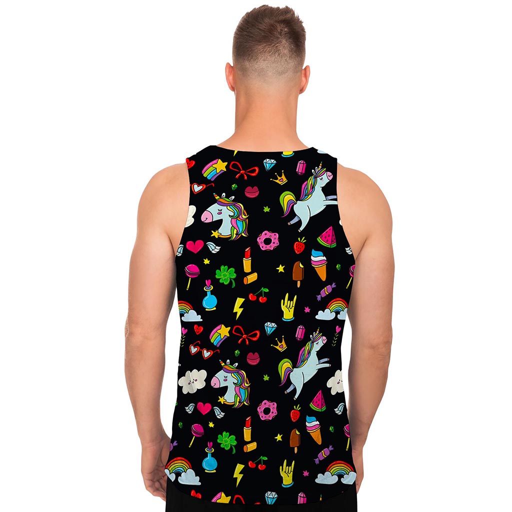 Black Girly Unicorn Pattern Print Men's Tank Top