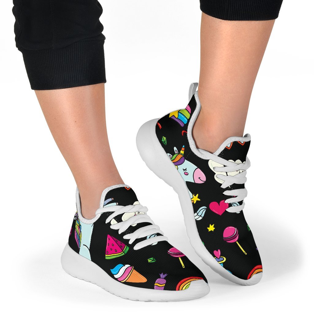 Black Girly Unicorn Pattern Print Mesh Knit Shoes GearFrost