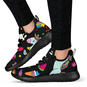 Black Girly Unicorn Pattern Print Mesh Knit Shoes GearFrost