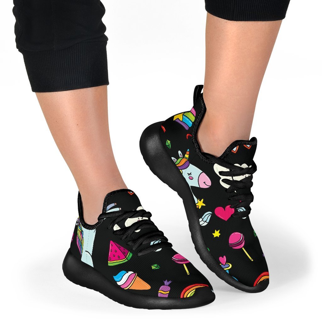 Black Girly Unicorn Pattern Print Mesh Knit Shoes GearFrost