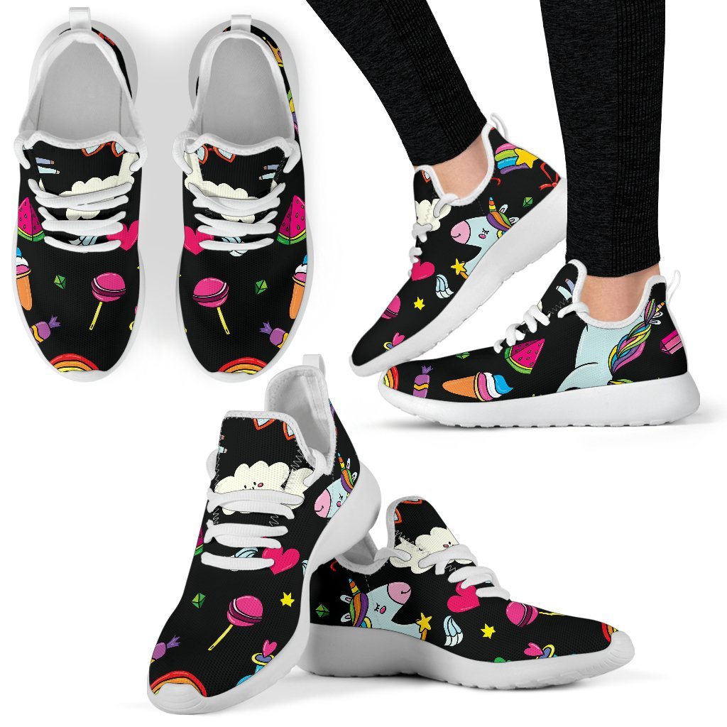 Black Girly Unicorn Pattern Print Mesh Knit Shoes GearFrost