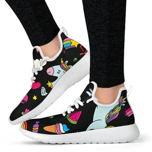 Black Girly Unicorn Pattern Print Mesh Knit Shoes GearFrost