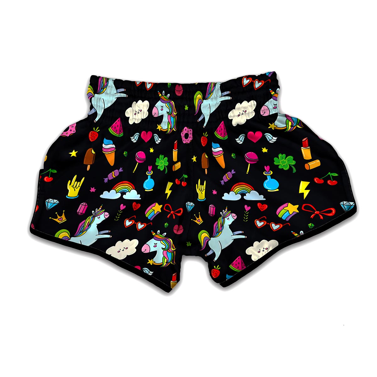 Black Girly Unicorn Pattern Print Muay Thai Boxing Shorts