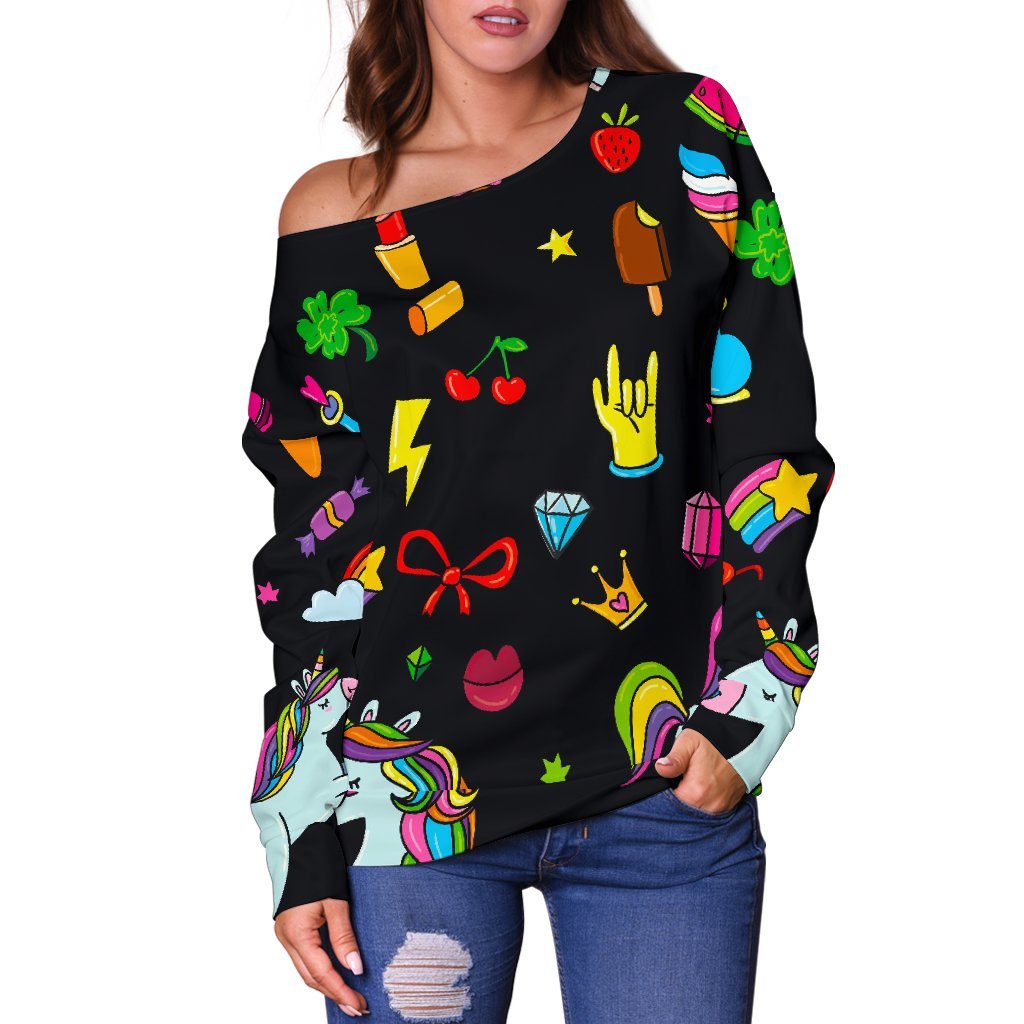 Black Girly Unicorn Pattern Print Off Shoulder Sweatshirt GearFrost