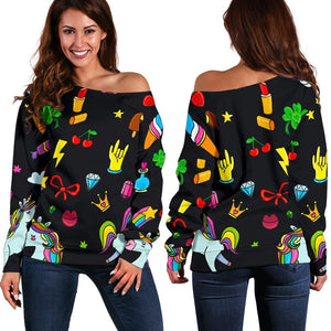 Black Girly Unicorn Pattern Print Off Shoulder Sweatshirt GearFrost