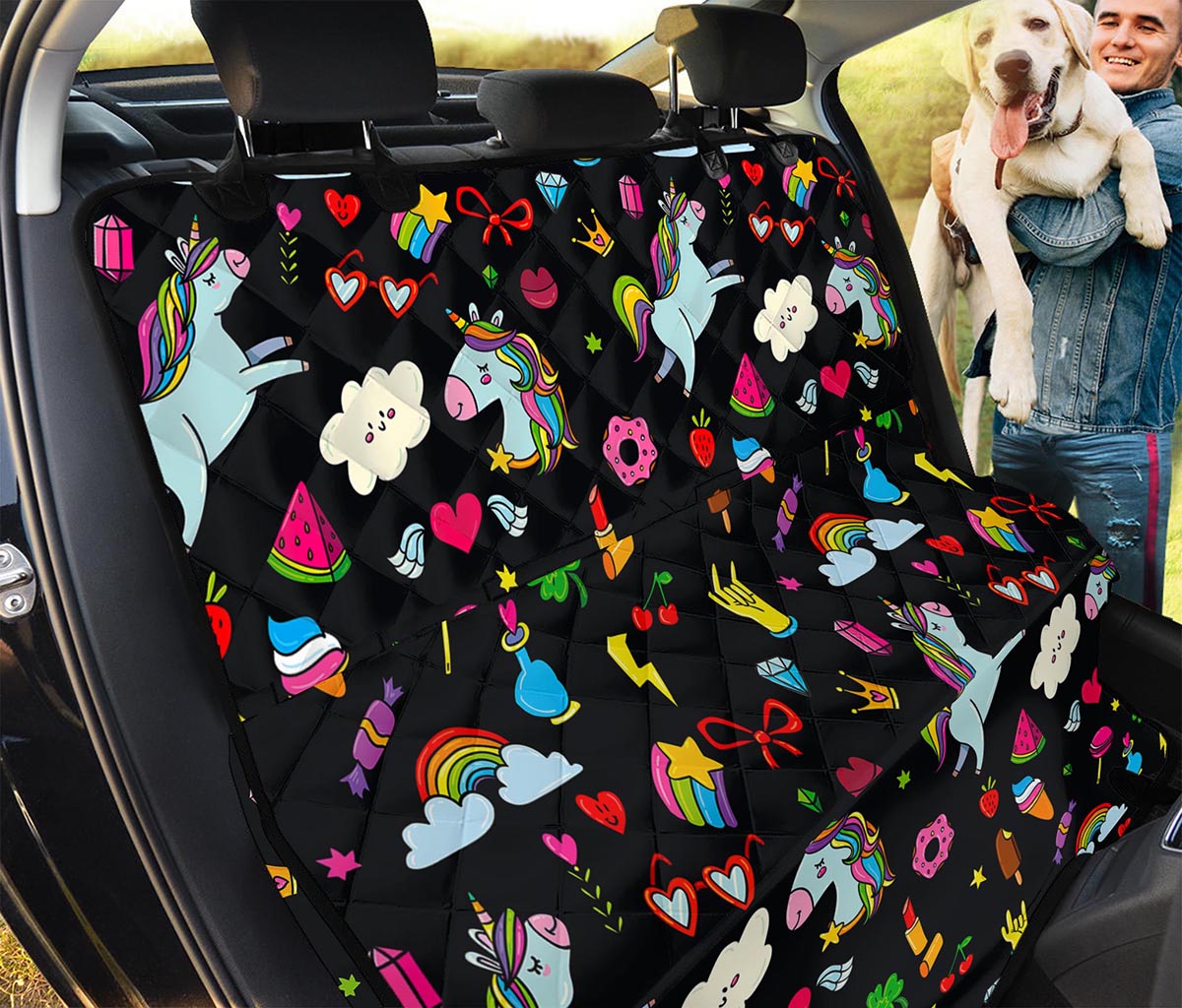 Black Girly Unicorn Pattern Print Pet Car Back Seat Cover