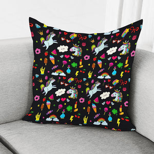 Black Girly Unicorn Pattern Print Pillow Cover