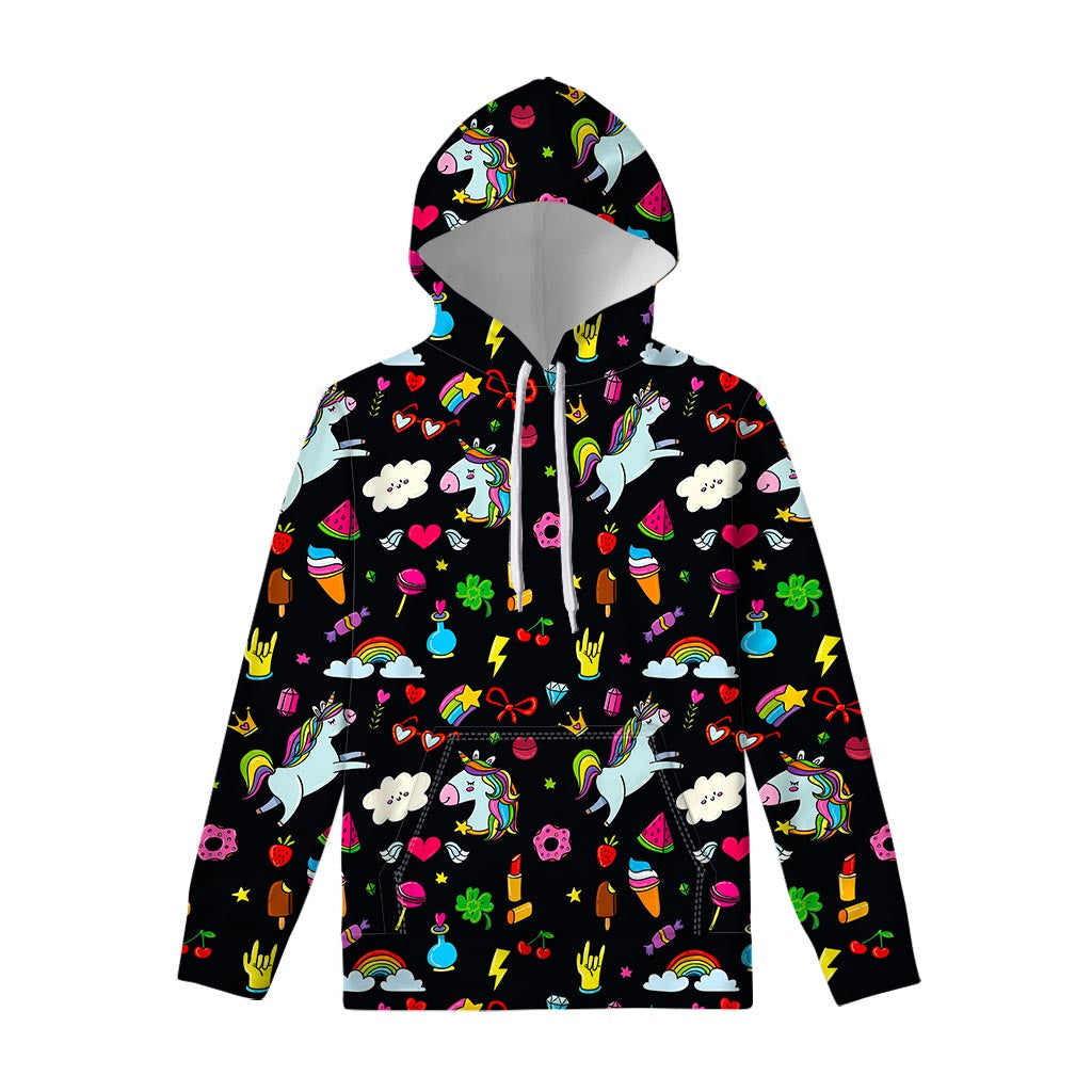 Black Girly Unicorn Pattern Print Pullover Hoodie