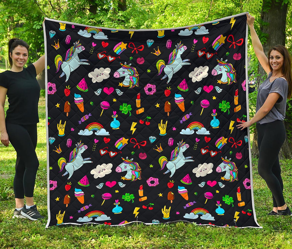 Black Girly Unicorn Pattern Print Quilt