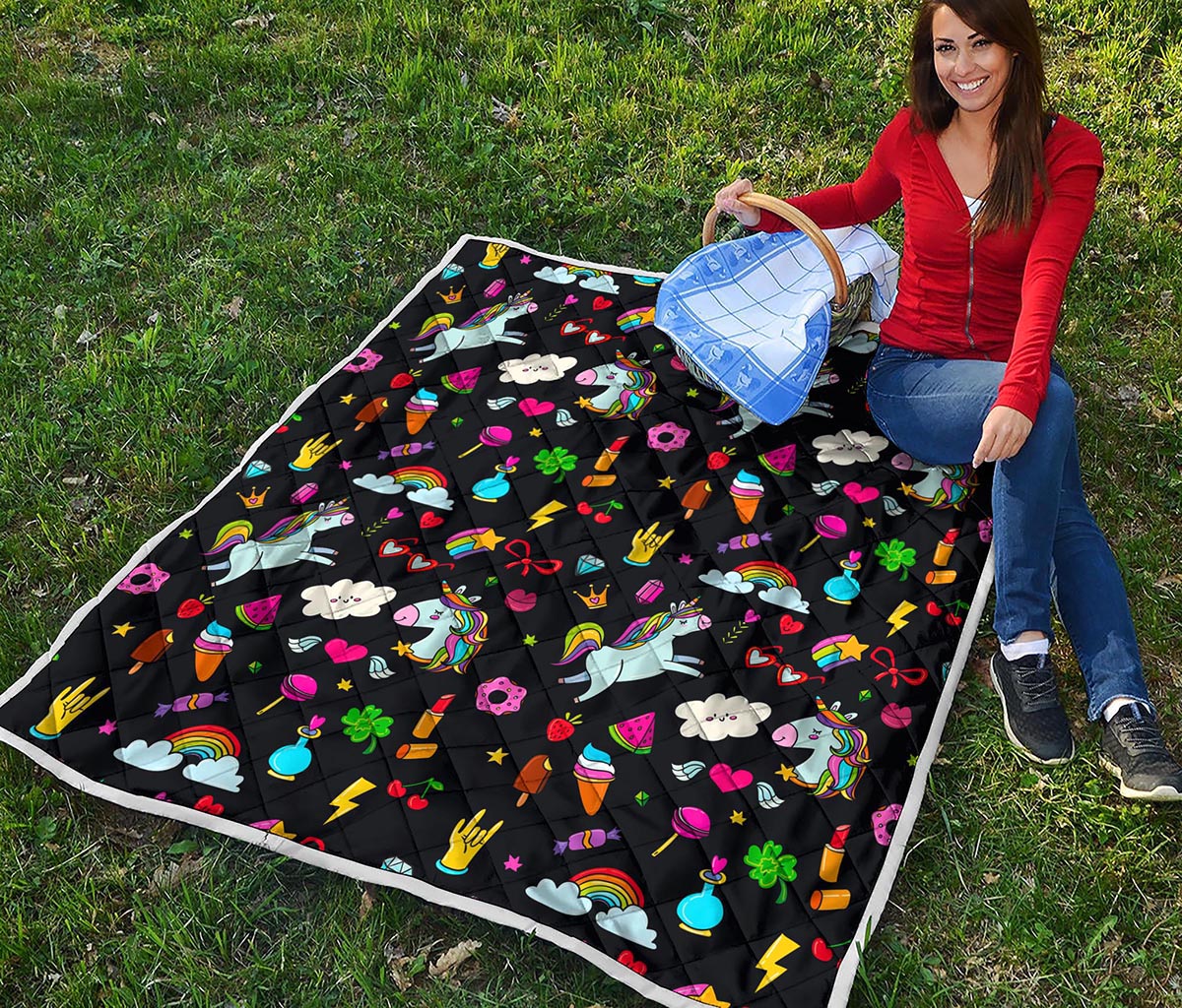 Black Girly Unicorn Pattern Print Quilt