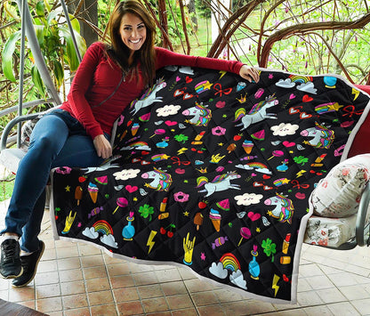 Black Girly Unicorn Pattern Print Quilt