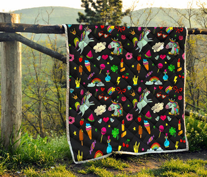 Black Girly Unicorn Pattern Print Quilt