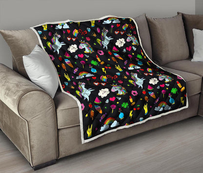 Black Girly Unicorn Pattern Print Quilt
