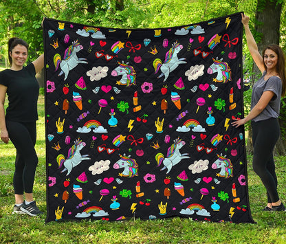 Black Girly Unicorn Pattern Print Quilt