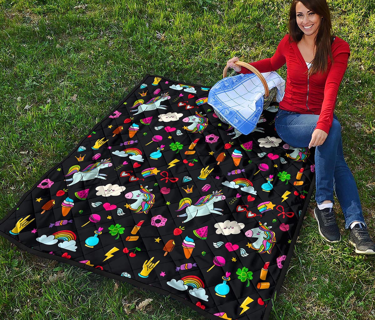 Black Girly Unicorn Pattern Print Quilt