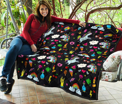 Black Girly Unicorn Pattern Print Quilt