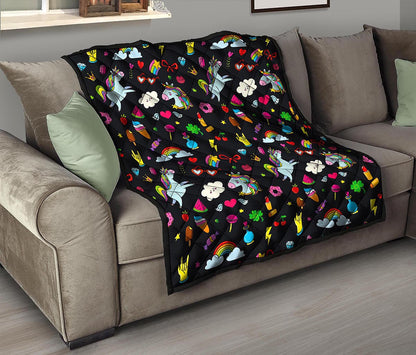 Black Girly Unicorn Pattern Print Quilt