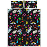 Black Girly Unicorn Pattern Print Quilt Bed Set