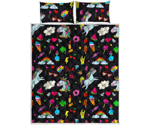 Black Girly Unicorn Pattern Print Quilt Bed Set