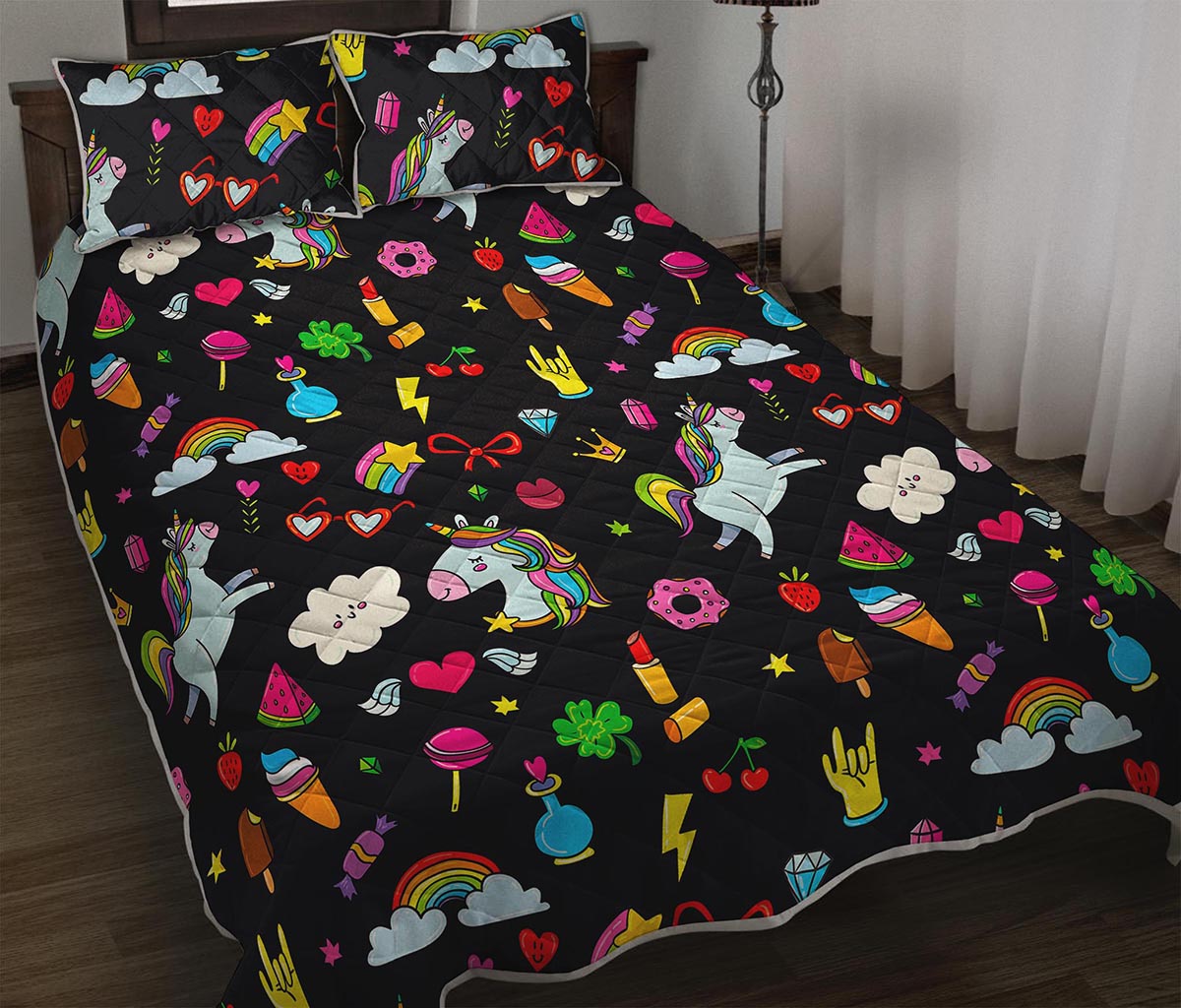 Black Girly Unicorn Pattern Print Quilt Bed Set