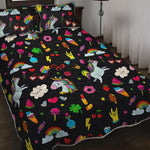 Black Girly Unicorn Pattern Print Quilt Bed Set