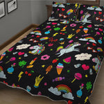 Black Girly Unicorn Pattern Print Quilt Bed Set