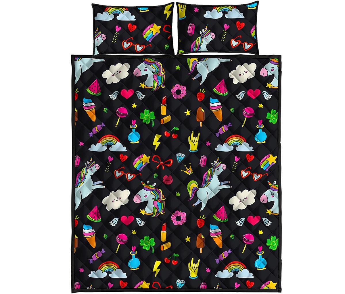 Black Girly Unicorn Pattern Print Quilt Bed Set