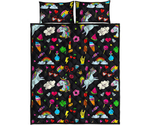 Black Girly Unicorn Pattern Print Quilt Bed Set