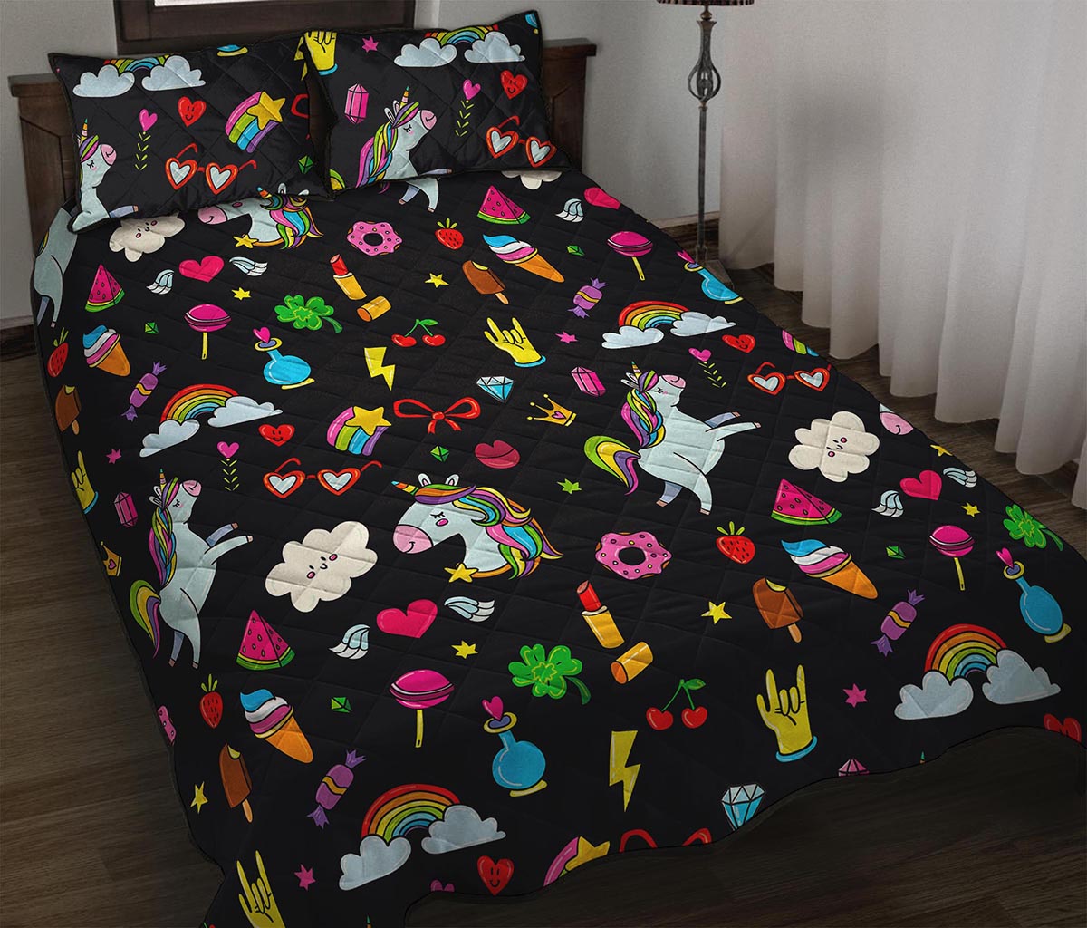 Black Girly Unicorn Pattern Print Quilt Bed Set