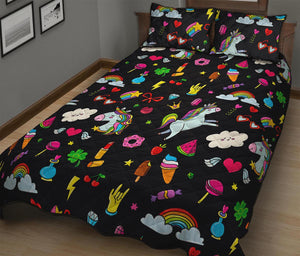 Black Girly Unicorn Pattern Print Quilt Bed Set