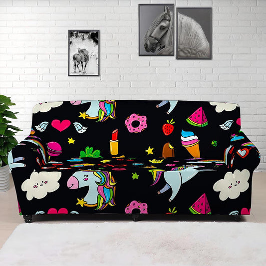 Black Girly Unicorn Pattern Print Sofa Cover