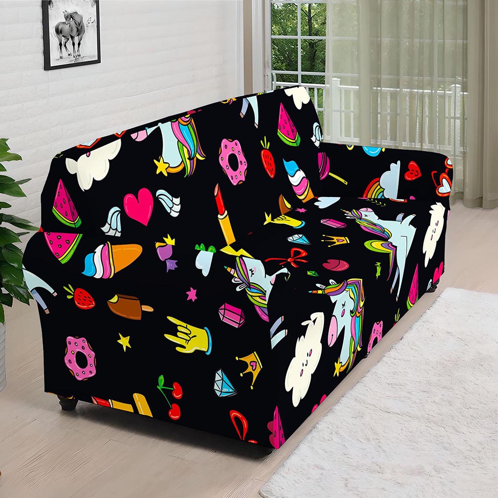 Black Girly Unicorn Pattern Print Sofa Cover