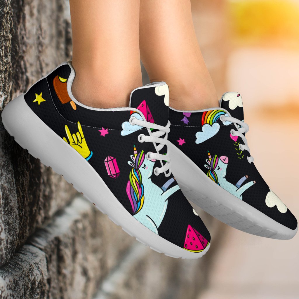 Black Girly Unicorn Pattern Print Sport Shoes GearFrost