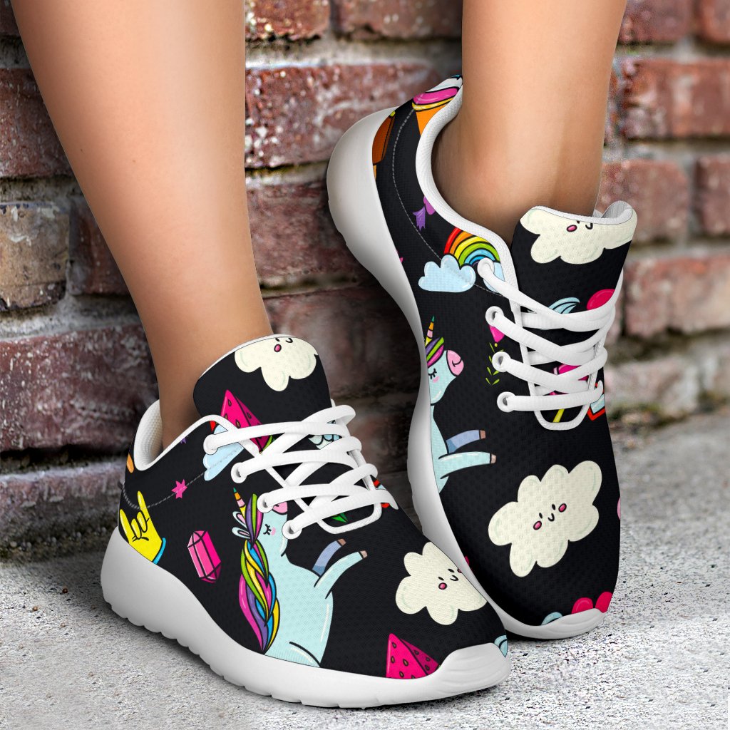 Black Girly Unicorn Pattern Print Sport Shoes GearFrost