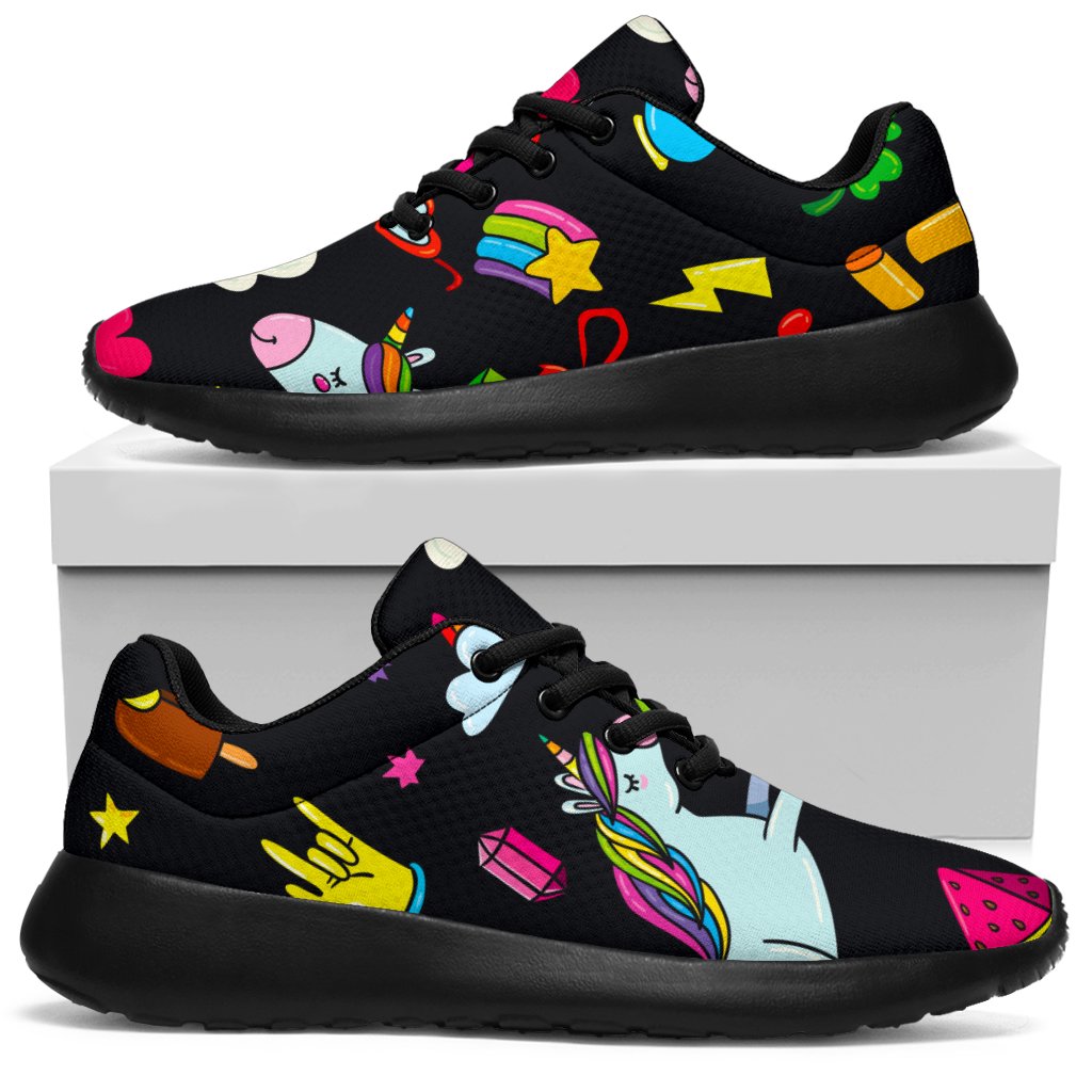 Black Girly Unicorn Pattern Print Sport Shoes GearFrost