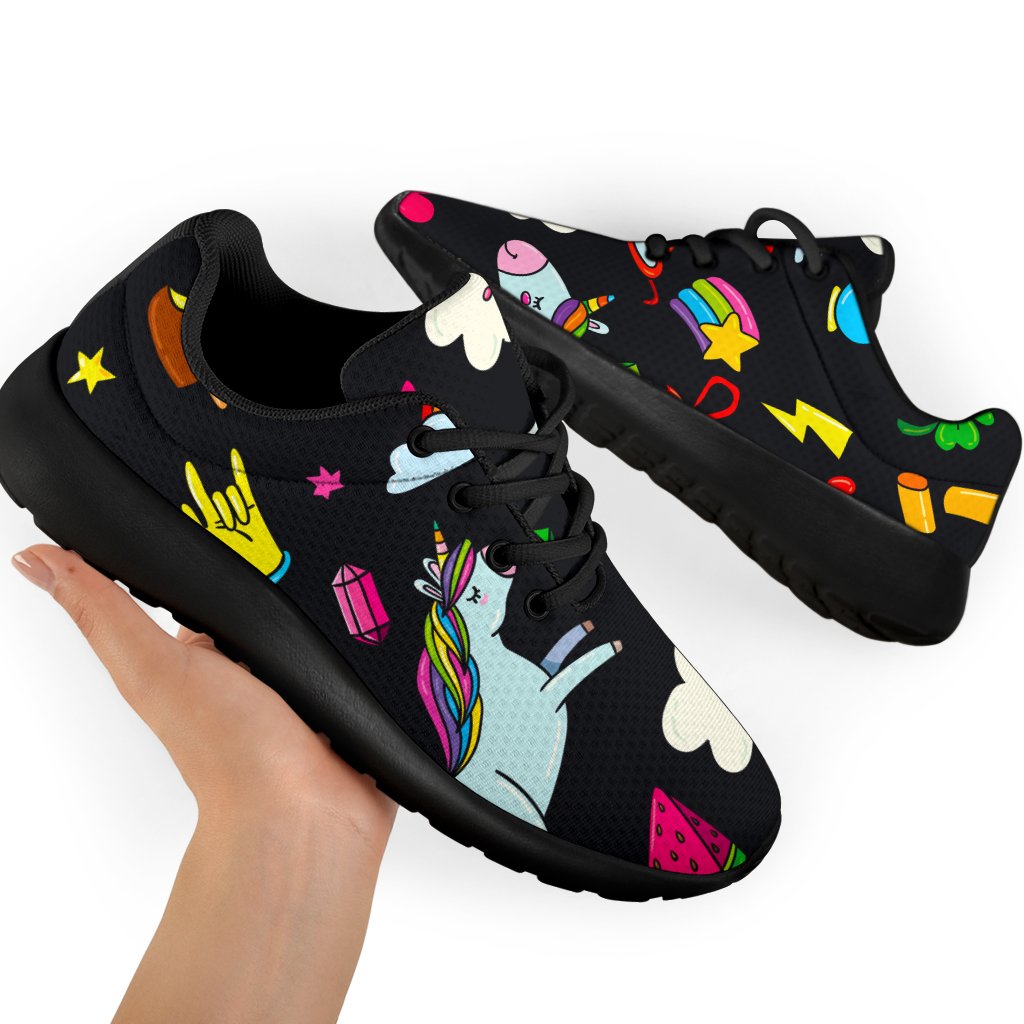 Black Girly Unicorn Pattern Print Sport Shoes GearFrost